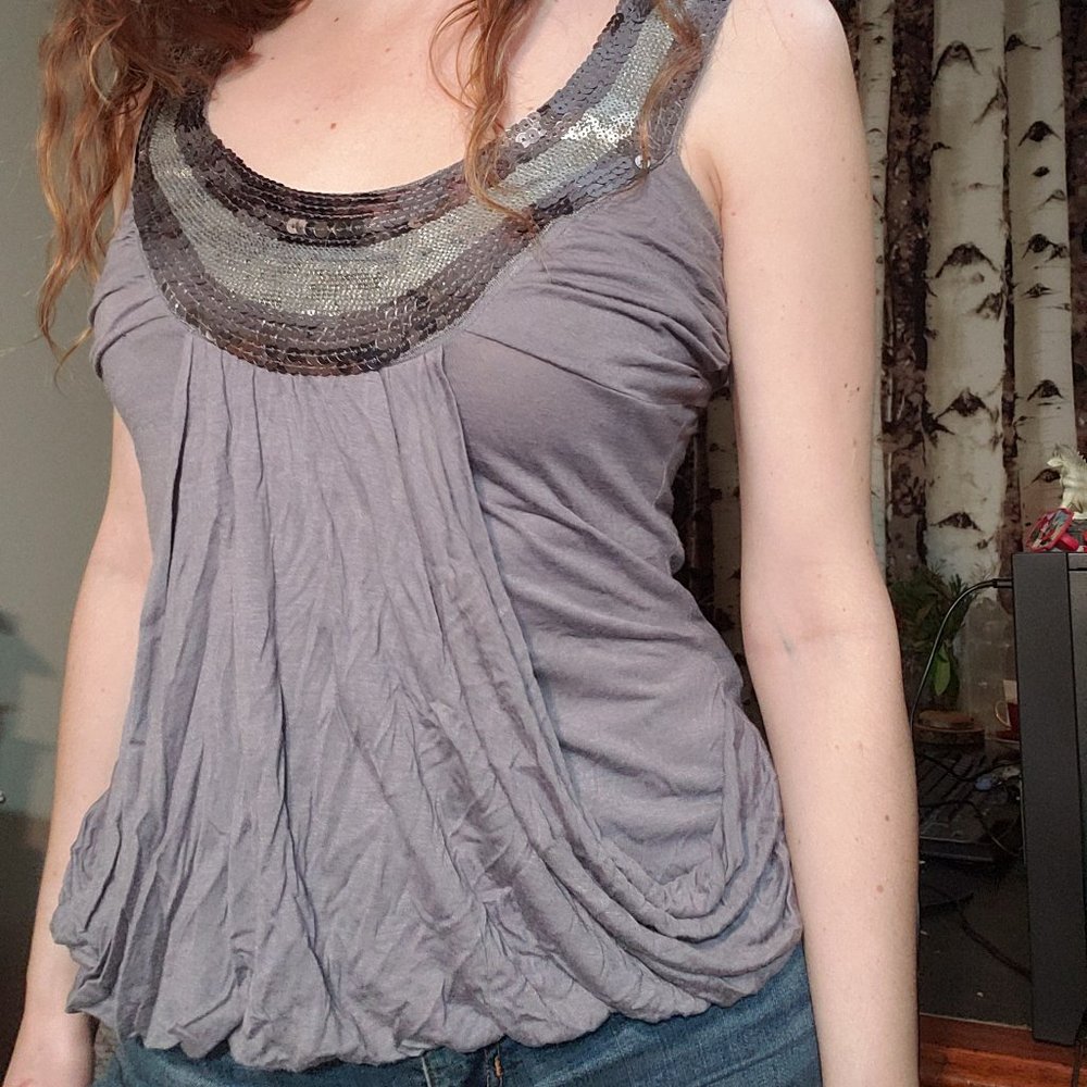 Gray sequin trim top